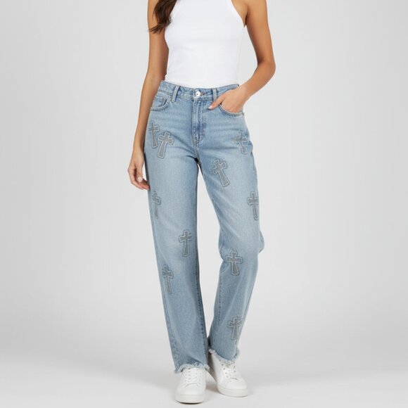 austin landing Denim - Austin Landing Cross Patch Jeans Size 7 Studded Detail Distressed Hem